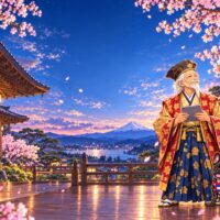 夕暮れの桜の教室でタブレットを持つ花咲か爺さんとフレンチブルドッグ