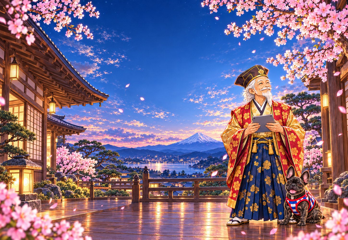 夕暮れの桜の教室でタブレットを持つ花咲か爺さんとフレンチブルドッグ
